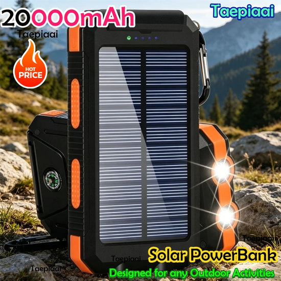 Solar Power Bank 20000mAh Portable Charging Poverbank External Battery Charger Strong Light LDE Light for All Smartphones